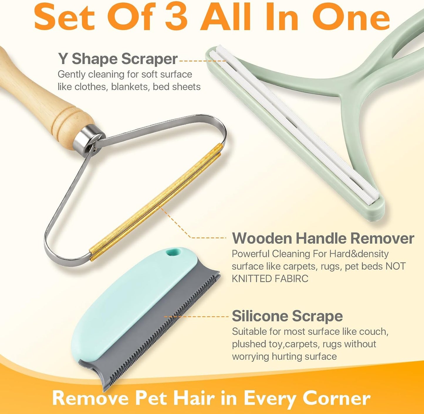 3-Piece Pet Hair Removal Kit for Car, Couch & Carpet